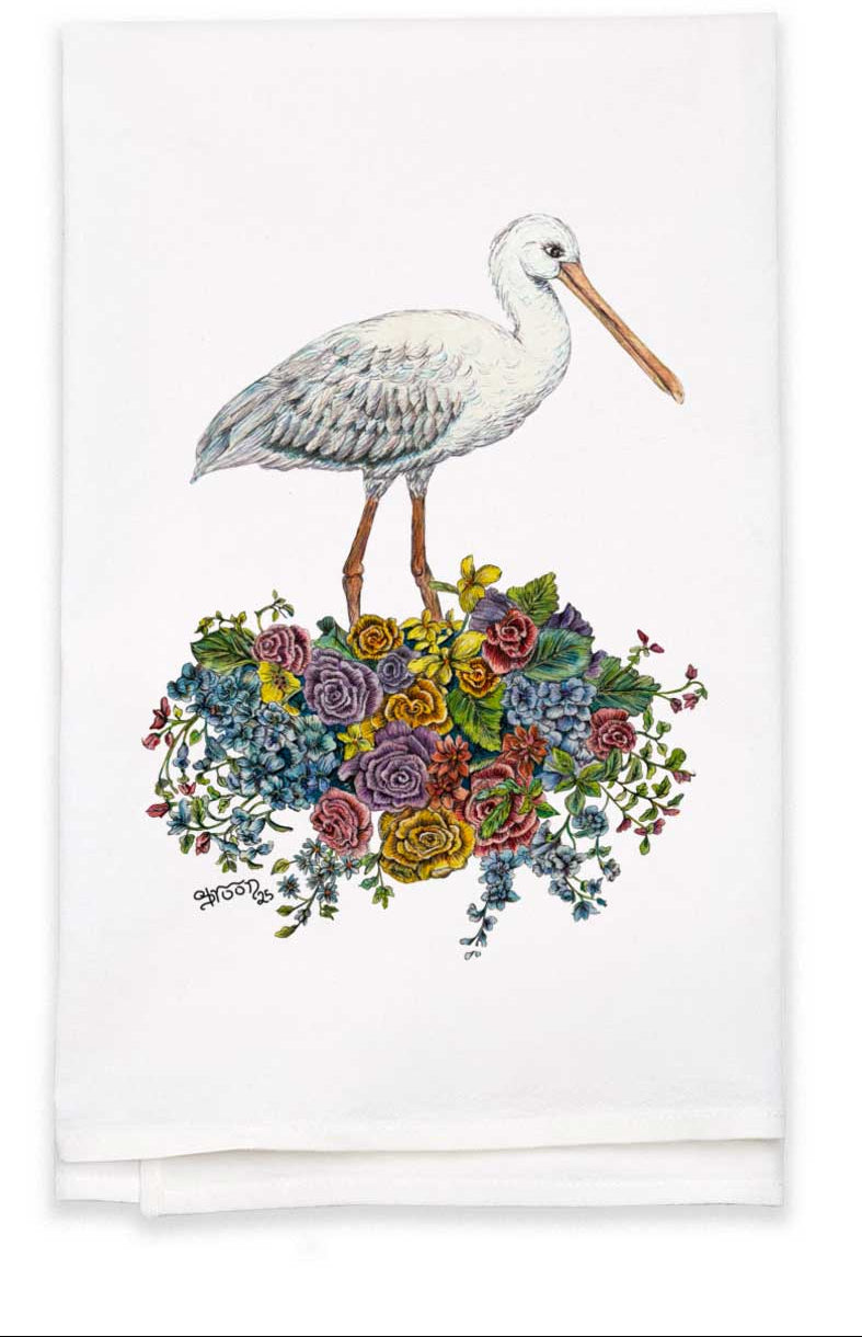 Baby Crane on bouquet 100%cotton Flour sack tea towel