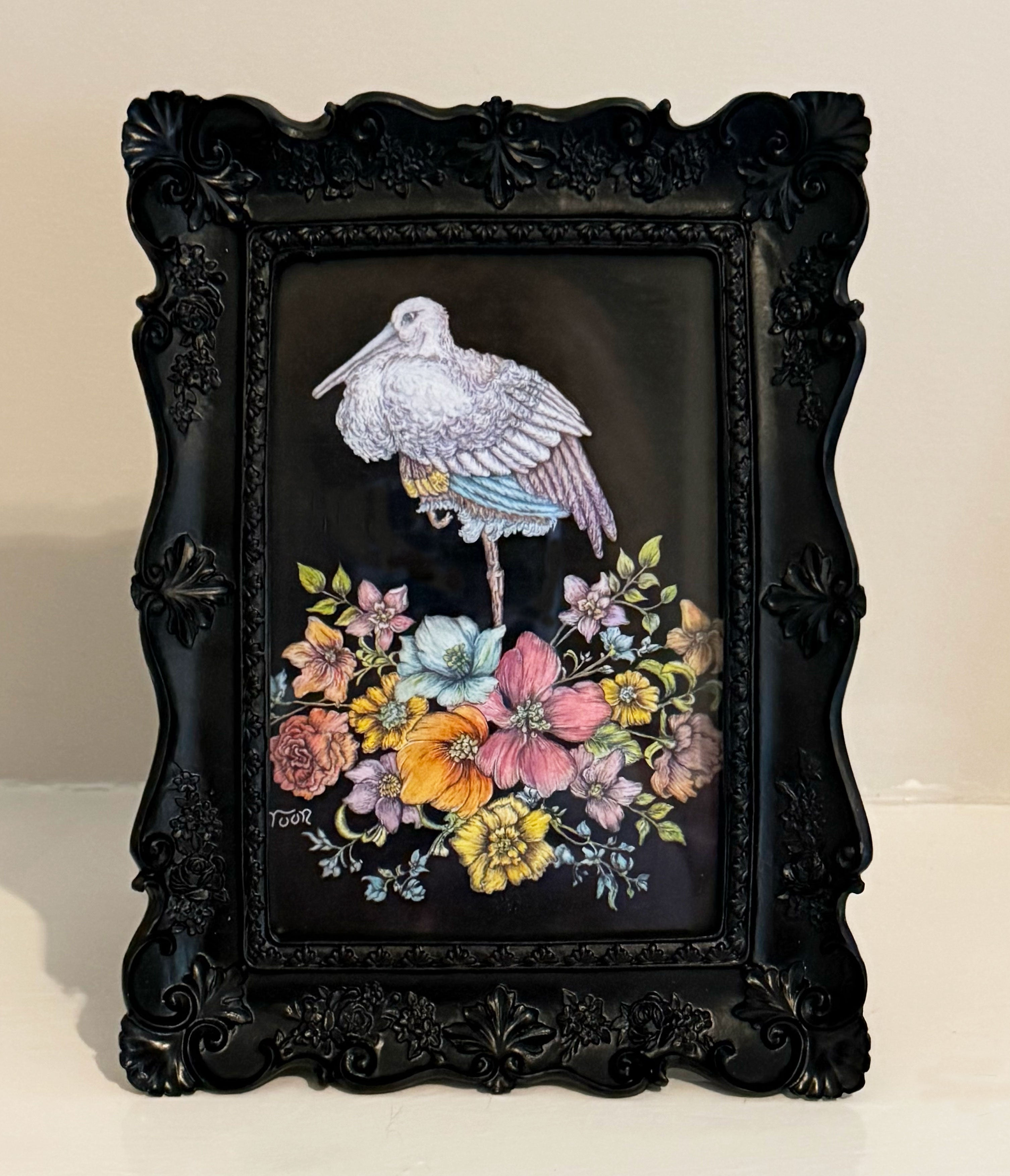 Confidence the Bird Giclée Print Framed in Vintage Black Floral  Frame, 6" x 4" print