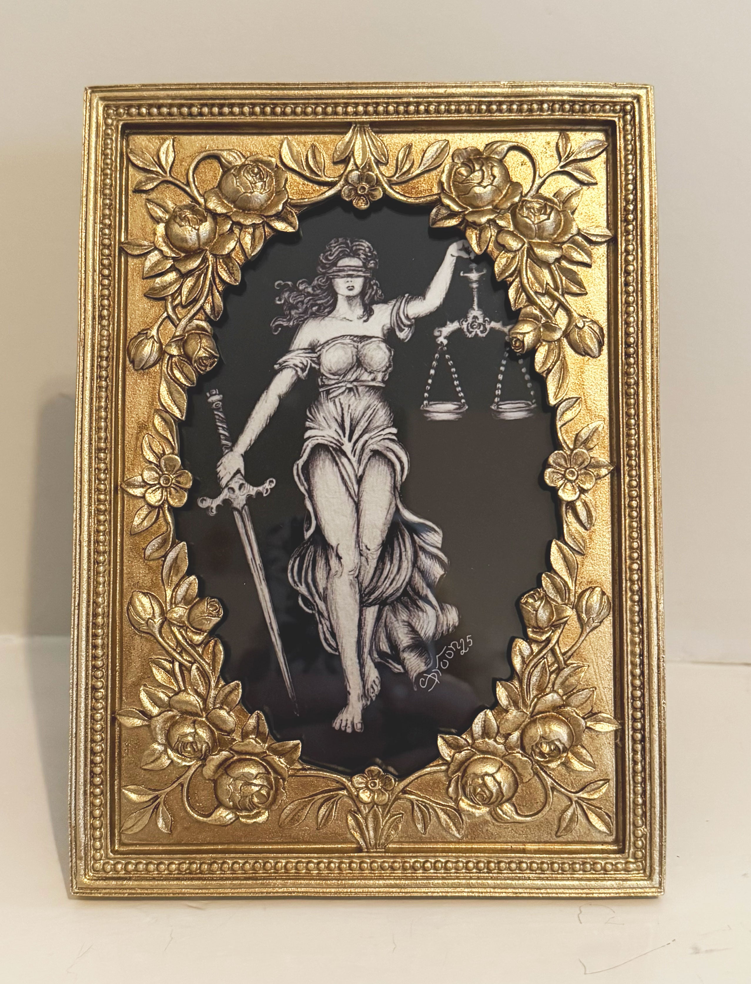 Lady Justice Giclée Print Framed in Gold Metal , 6" x 4" print