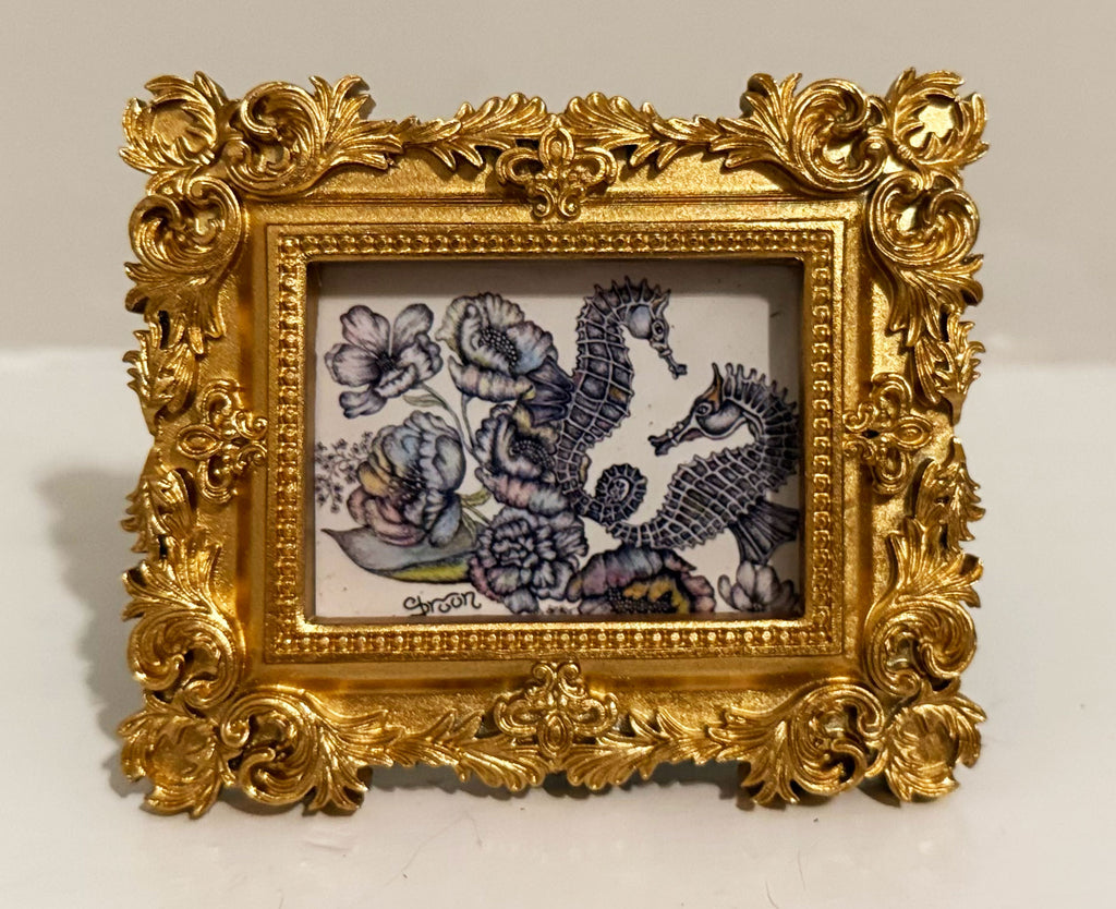 Twisted Seahorses Giclée print 1.75" x 2" with Vintage Gold Ornate Frame