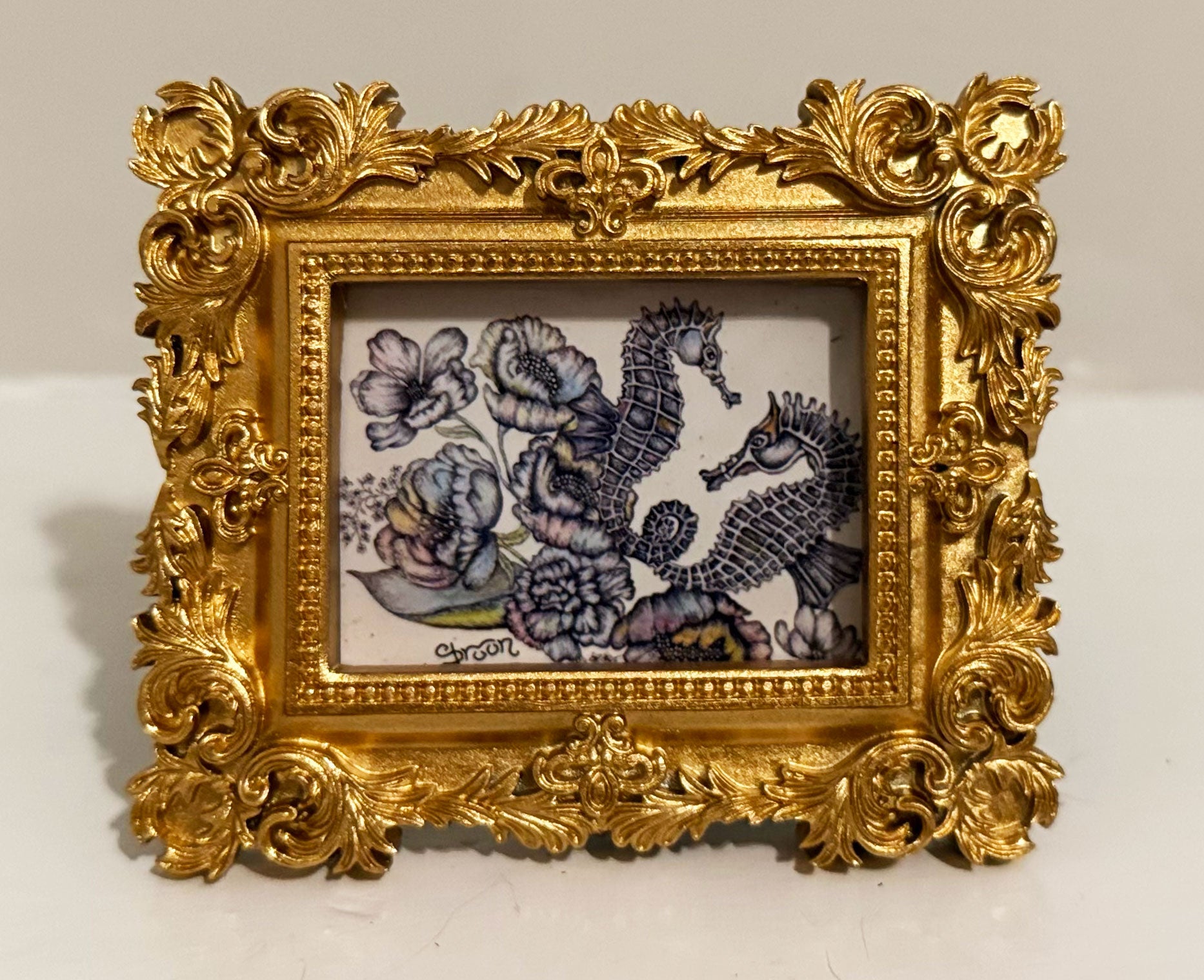 Twisted Seahorses Giclée print 1.75" x 2" with Vintage Gold Ornate Frame