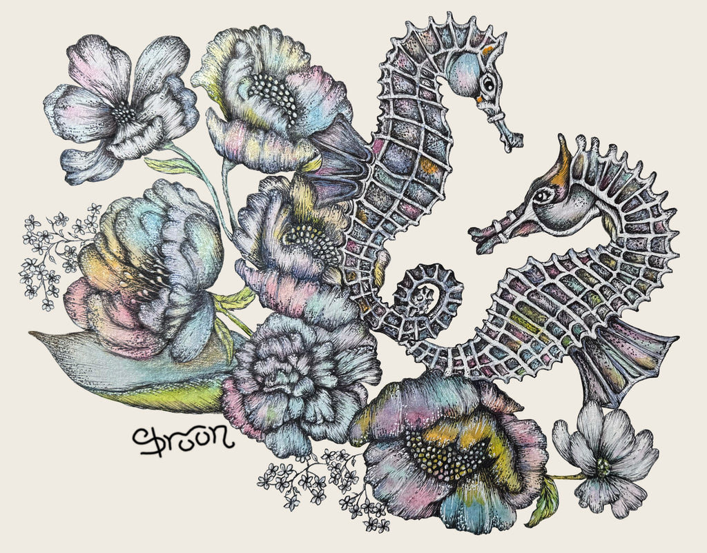 Twisted Seahorses Giclée print 1.75" x 2" with Vintage Gold Ornate Frame