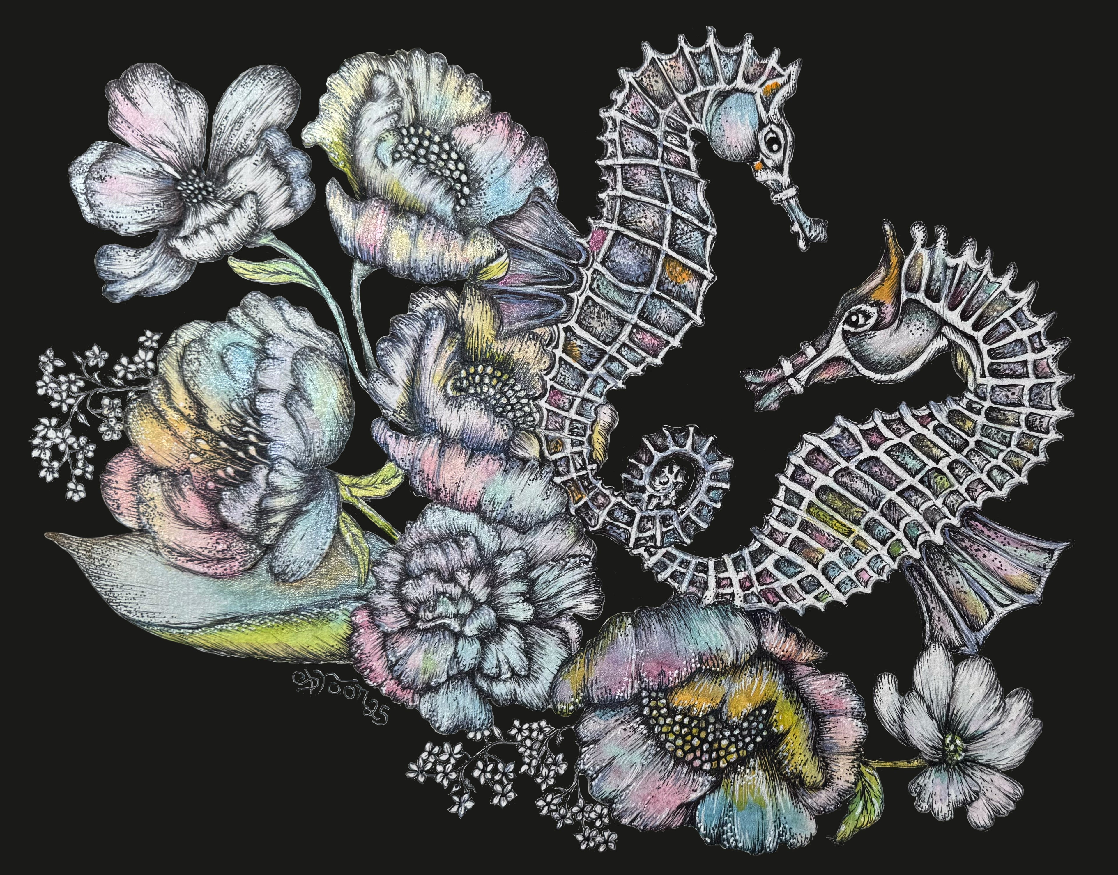 Twisted Seahorses Giclée print 4" x 4" with Gray and Gold Stylish  Frame