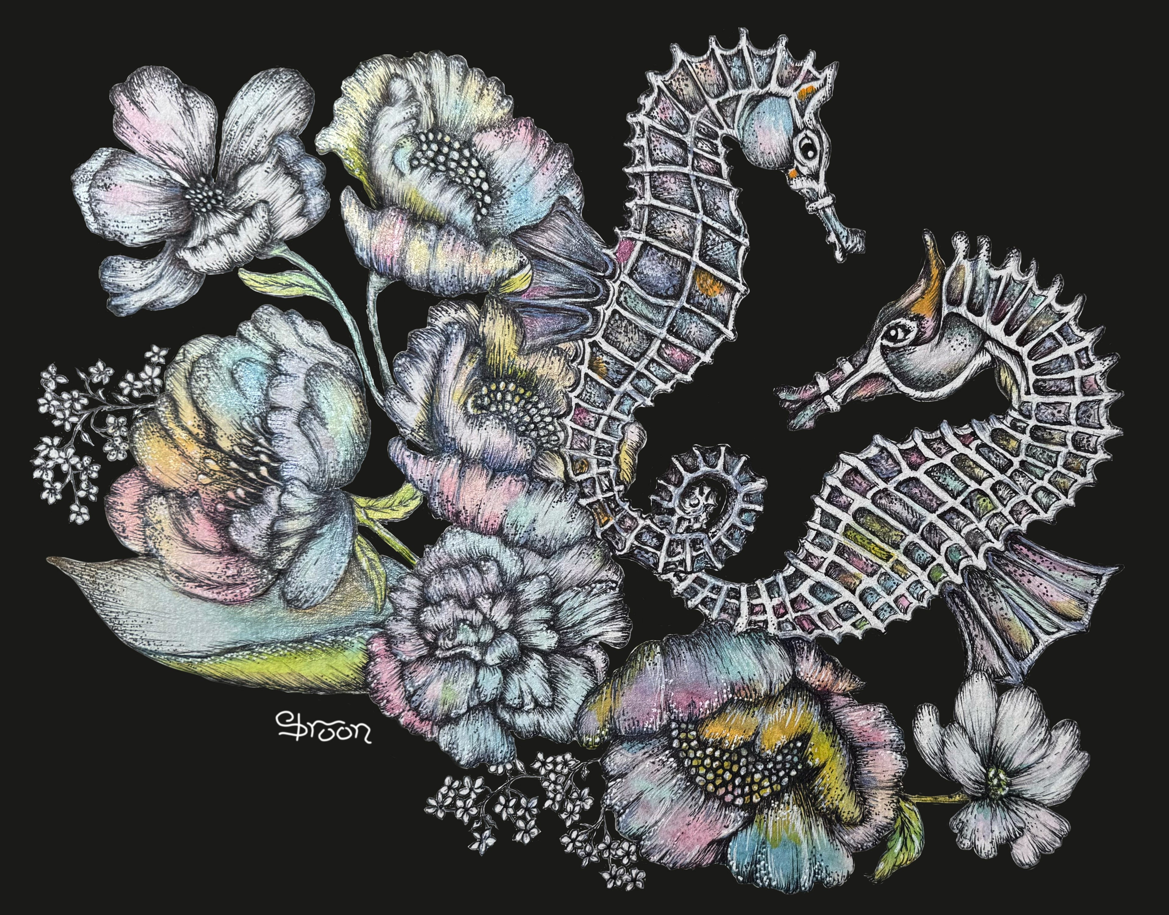 Twisted Seahorses in Black, Archival limited Edition Signed Print